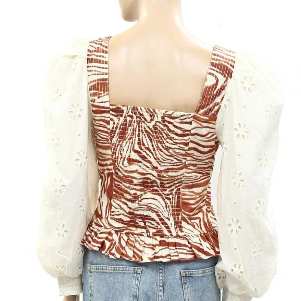 Anthropologie Love The Label Smocked Eyelet Puff Sleeve Blouse Top S New